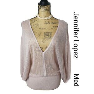 Women's V-Neck Sweater M Open Knit Pink Glitter Draped Short Sleeve Top